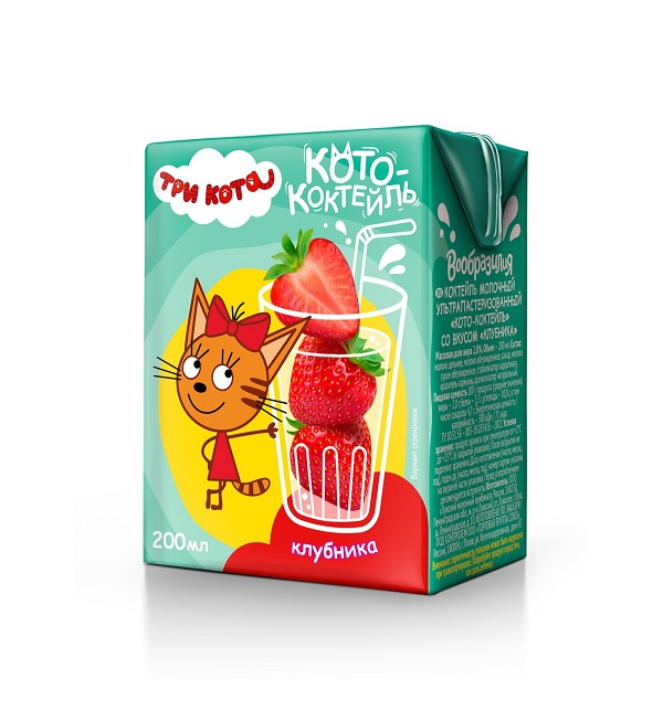 Коктейль молочный ТРИ КОТА 200 мл 2,0% Кото-коктейль, вкус - клубника *27