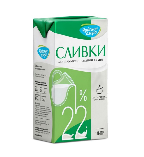 Сливки ЧУДСКОЕ ОЗЕРО 1 л 22% ультрапастеризованные *12