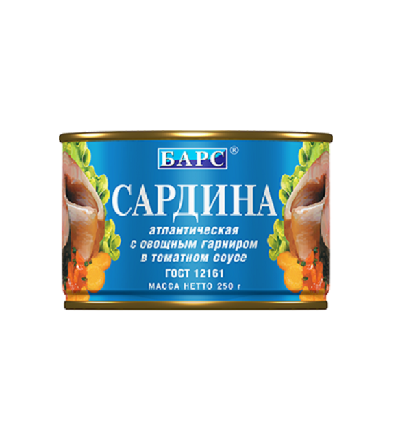 Сардина БАРС 250 г в томатном соусе с овощами ГОСТ *24