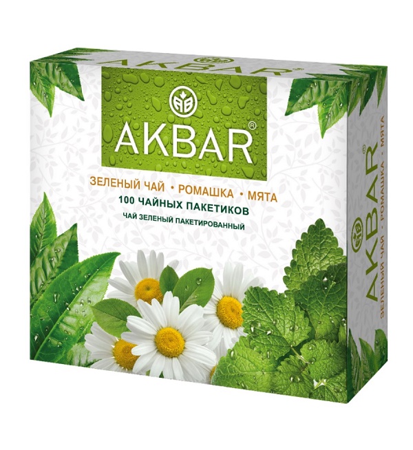 Чай АКБАР 100 пакетиков, зеленый с ромашкой и мятой *6