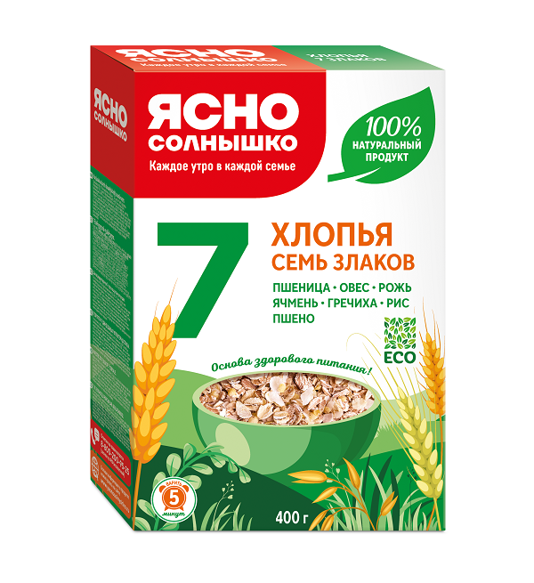 Хлопья ЯСНО СОЛНЫШКО 400 г 7 злаков смесь (пшеничные, овсяные, ржаные, ячменные, гречневые,рисовые,пшенные) *9